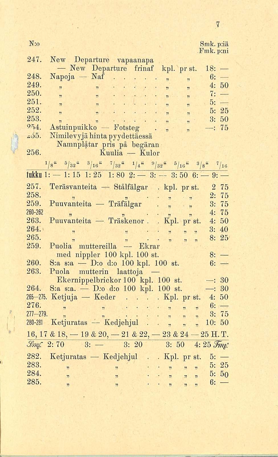 kpl Kpl 5; N;o Smk p:iä Fmk p:ni 247 New Departure vapaanapa New Departure frinaf kpl pr st 18; 6: 248 Napoja Naf 249 4: 50 250 7: 251 *, 5: 252 25, 253 9 54 Astuinpuikko Potsteg *65 Nimilevyjä hinta