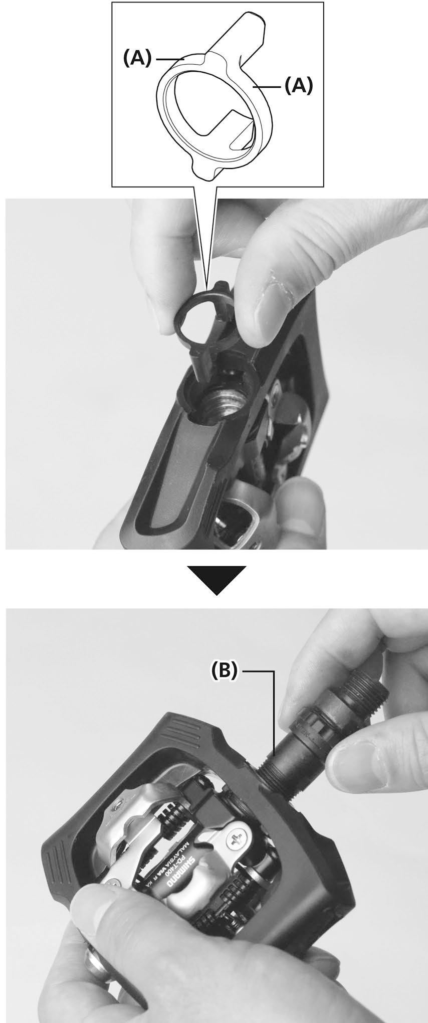 (A) Kehikon kiinnitysruuvi (B) Suojan aluslevy (C) Hartsisuoja Kiristysmomentti 5mm kuusiokoloavain 7-8 N m