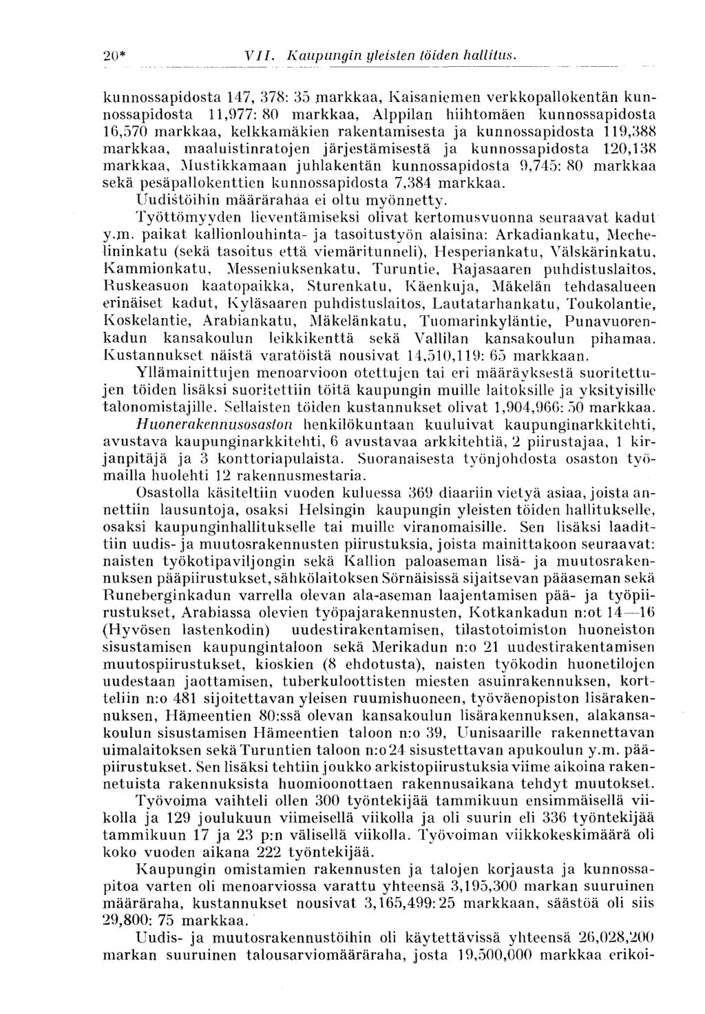 20* kunnossapidosta 147, 378: 35 markkaa, Kaisaniemen verkkopallokentän kunnossapidosta 11,977: 80 markkaa, Alppilan hiihtomäen kunnossapidosta 16,570 markkaa, kelkkamäkien rakentamisesta ja