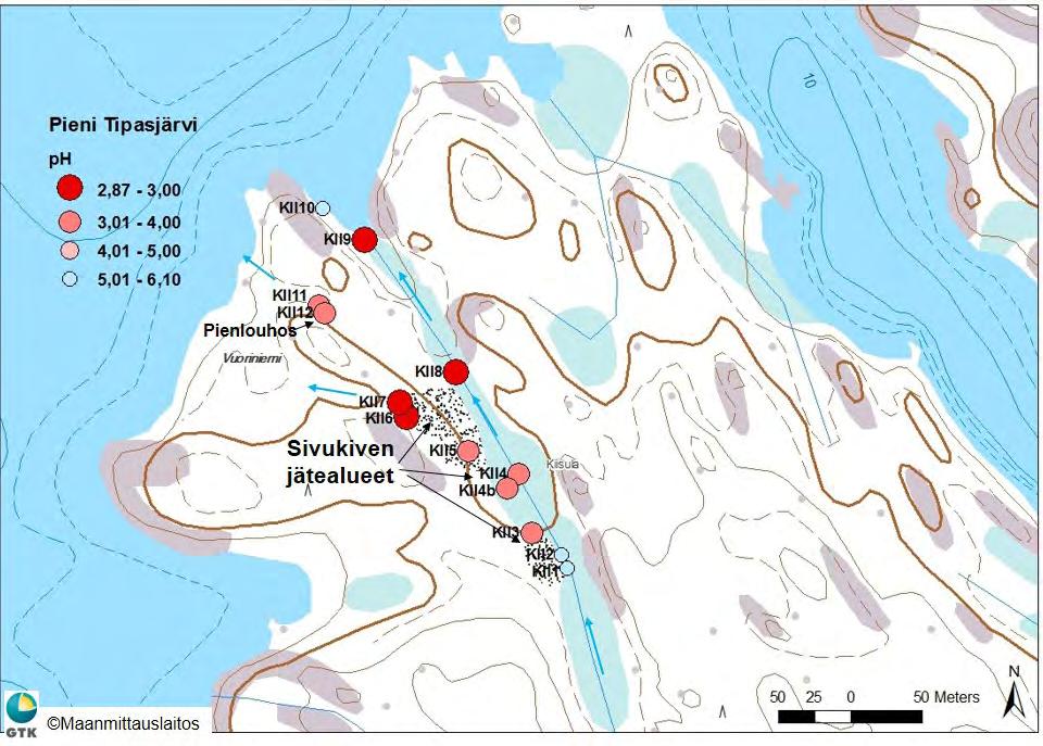 Vuoden 2004 maastokäynnin yhteydessä otettiin kaivosalueen pintavesistä suodatettuja vesinäytteitä kemiallisen koostumuksen määrittämiseksi.