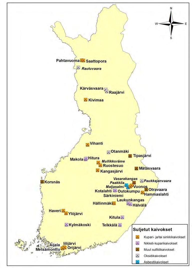 Kuva 1. KAJAK I-hankkeen suljetut ja hylätyt kaivoskohteet (Räisänen ym. 2013b) sekä Hituran kaivoskohde, jonka sulkemisesta päätettiin vuonna 2016.
