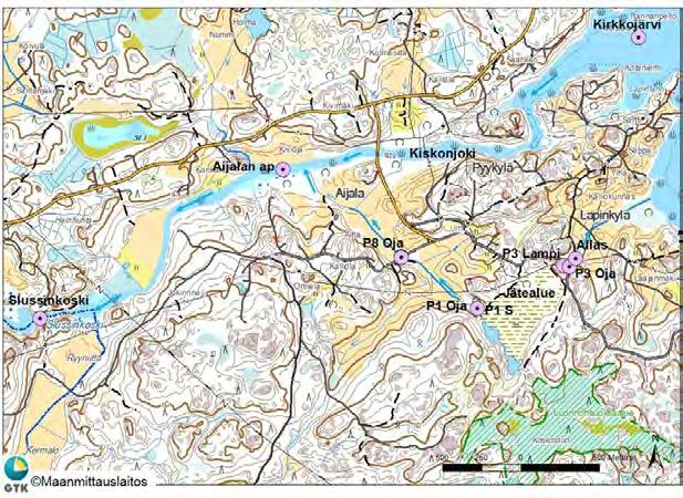 Kuva 3. Aijalan suljetun kaivosalueen rikastushiekan jätealueen sijainti ja Varsinais-Suomen ELYkeskuksen seurantapisteiden sijainnit (violetti pallo), Salo, Varsinais-Suomi (ks. teksti).