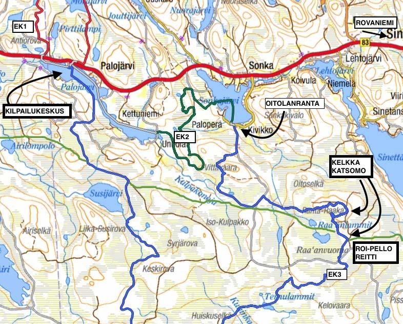 TULE SEURAAMAAN KILPAILUA: Kelkalla Rovaniemeltä päin: Roi-Pello reittiä pitkin Muurolan kelkkauran risteykseen jossa