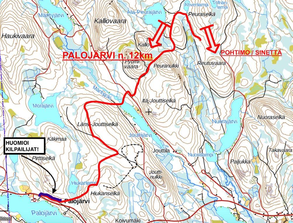 Palojärvelle kelkalla: Reitti merkitty Peuraselän kohdalta opastein ja nauhoituksin. Ennen Palojärveä reitti on kilpailijoiden siirtymäreittiä n. 400m!