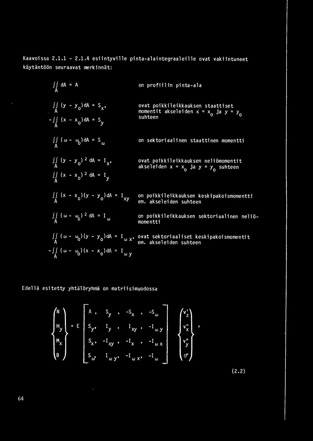 x' A JJ (x- x ) 2 da = Iy A jj(x-x )(y - y )da A o o I xy on profiilin pinta- ala ovat poikkileikkauksen staattiset momentit akseleiden x = x ja y = y suhteen on sektoriaalinen staattinen momentti