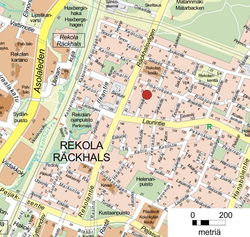 Rekola (Rek) Pääkaupunkiseudun opaskartta: Espoon, Helsingin, Kauniaisten ja Vantaan kaupungit 2017 Aseman nimi ja lyhenne: Rekola, Rek Osoite: Irmelintie 9, Vantaa Koordinaatit (ETRS-25GKFIN):