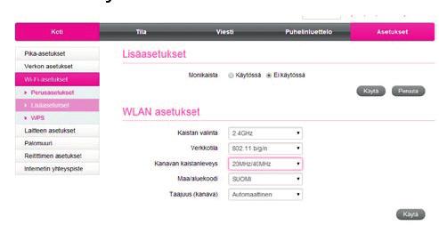 WLAN-verkon kanavaleveyden muuttaminen WLAN-verkon kanavaleveys saattaa nopeuttaa WLAN-verkkoa.