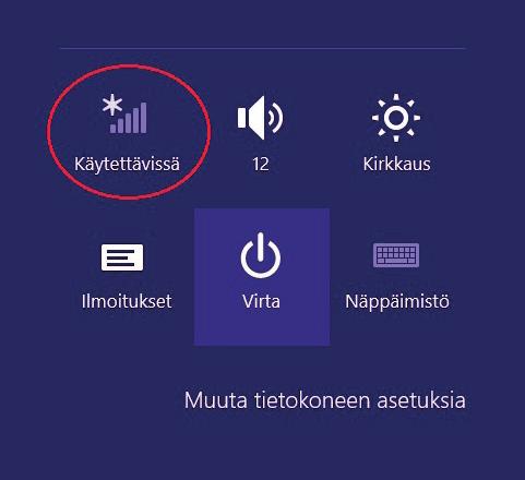 Windows 8 Vie hiiren kursori tietokoneen näytön oikeaan yläkulmaan. Valitse sen jälkeen rattaan kuva (asetukset). Valitse seuraavaksi kuuluvuuspalkit. DNA-Mokkula-5G-XXXX Huom!