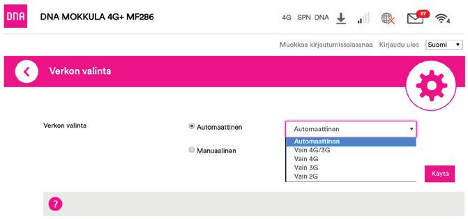 Käyttölaitteen selaimella: ➀ Avaa internetselain, kun olet kytkeytynyt Kotimokkulan WLAN-verkkoon tai yhdistänyt laitteen Ethernet-johdolla. ➁ Kirjoita selaimen osoiteriville http://dna.