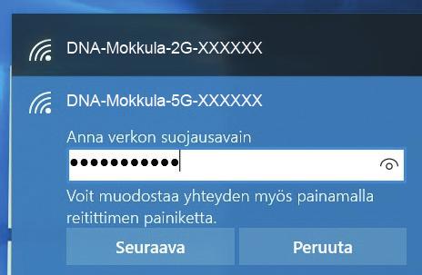 DNA Kotimokkulassa on oletuksena päällä 2.4Ghz- ja 5Ghzverkot. Parhaimman nopeuden saavuttamiseksi yhdistä käyttölaite 5G-termin omaavaan WLAN-verkkoon.