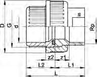 3 15 58 25 32 1 1/2 40 3 19 74 31 38 2 50 3 26 83 34 45 2 1/4 63 3 33 100 41 56 2 3/4 PF 2 32 450 Muunnosliitin PVC-C / ruostumaton teräs - metrimitoitus Rp iitosmutteri: PVC-C iitosholkki: iimamuhvi