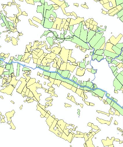 Lohkoille, jotka jäävät valittua etäisyyttä kauemmas vesistöstä, annetaan arvo 0 Calculate field -työkalulla.