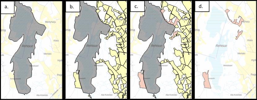 NATURA- Aineiston luonti Kuva 7. Kuvasarja peltolohkojen valinnasta suhteessa Natura 2000-alueisiin. Natura -alueista(a.) kasvulohkoaineisto (b.
