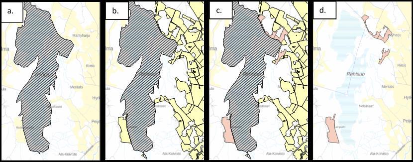 NATURA- Aineiston luonti Kuva 7. Kuvasarja peltolohkojen valinnasta suhteessa Natura 2000-alueisiin. Natura -alueista(a.) kasvulohkoaineisto (b.