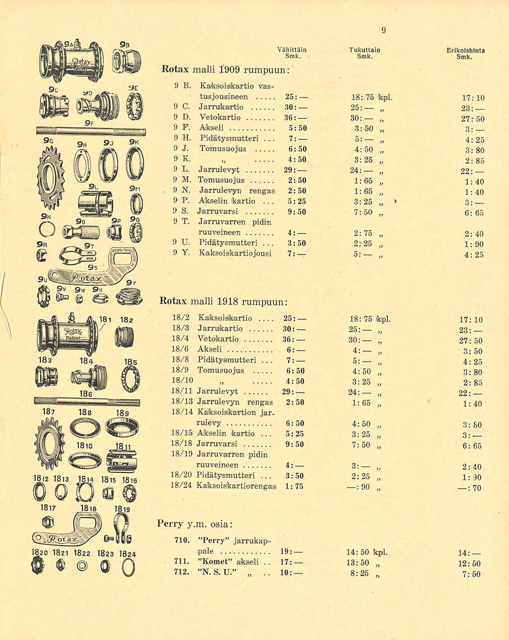 7: 5:25 3:50 25: 7: 5:25 Rotax maili 1909 rumpuun: Vähittäin Tukuttain Erikoishinta Smk. Smk. Smk. 9 B. Kaksoiskartio vastusjous-ineen 25: 18 : 76 kpl. 17:10 9 C. Jarrufcartio 30: 25: 23: 9 D.