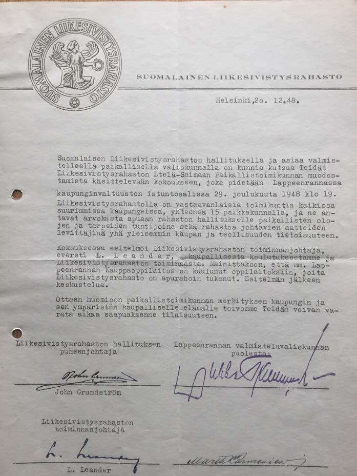 1940-luku - perustaminen Neuvottelukokous 7.11.1948 Etelä-Saimaan Paikallistoimikunnan perustava kokous 29.12.1948. 22 ihmistä.