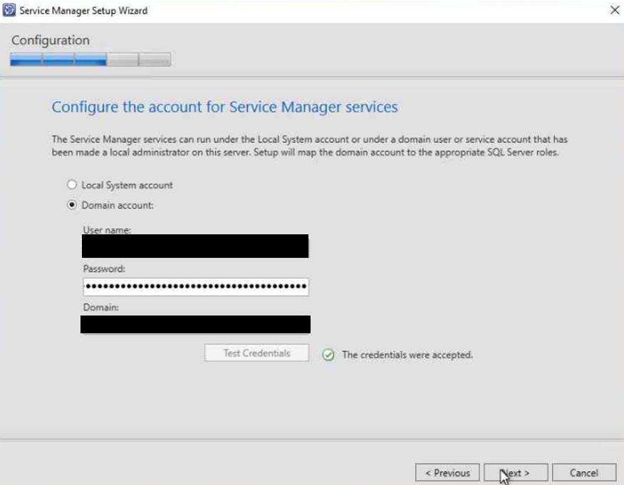 26 Valitaan Domain account ja annetaan käyttäjänimi ja SVC-salasana, tunnuksen