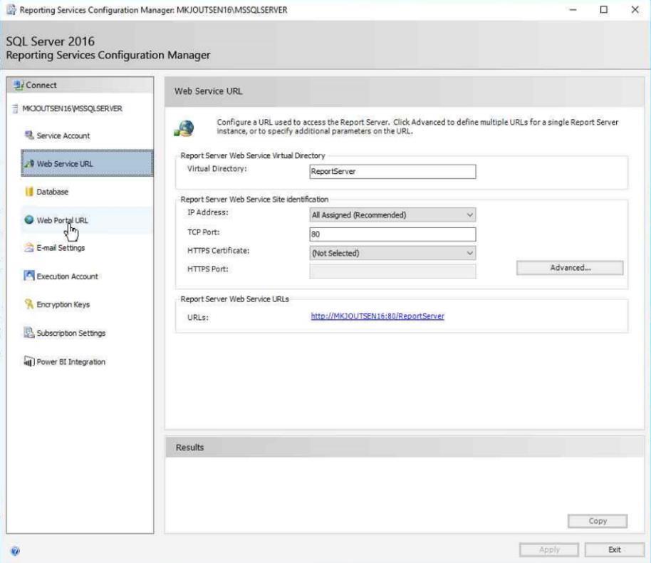 Kuvio 51 SSRS -asennus: SQL Server Connection Dialog Siirrytään Web service URL kohtaan.