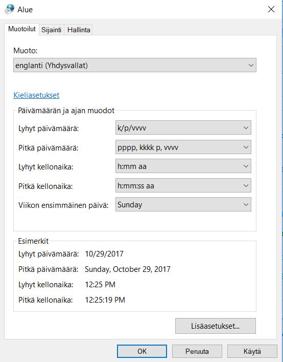 63 Palvelimen kotiaika / home pitää vaihtaa English US -muotoon, eli formaattiin. Samoin myös päivämäärä ja kellonaika.