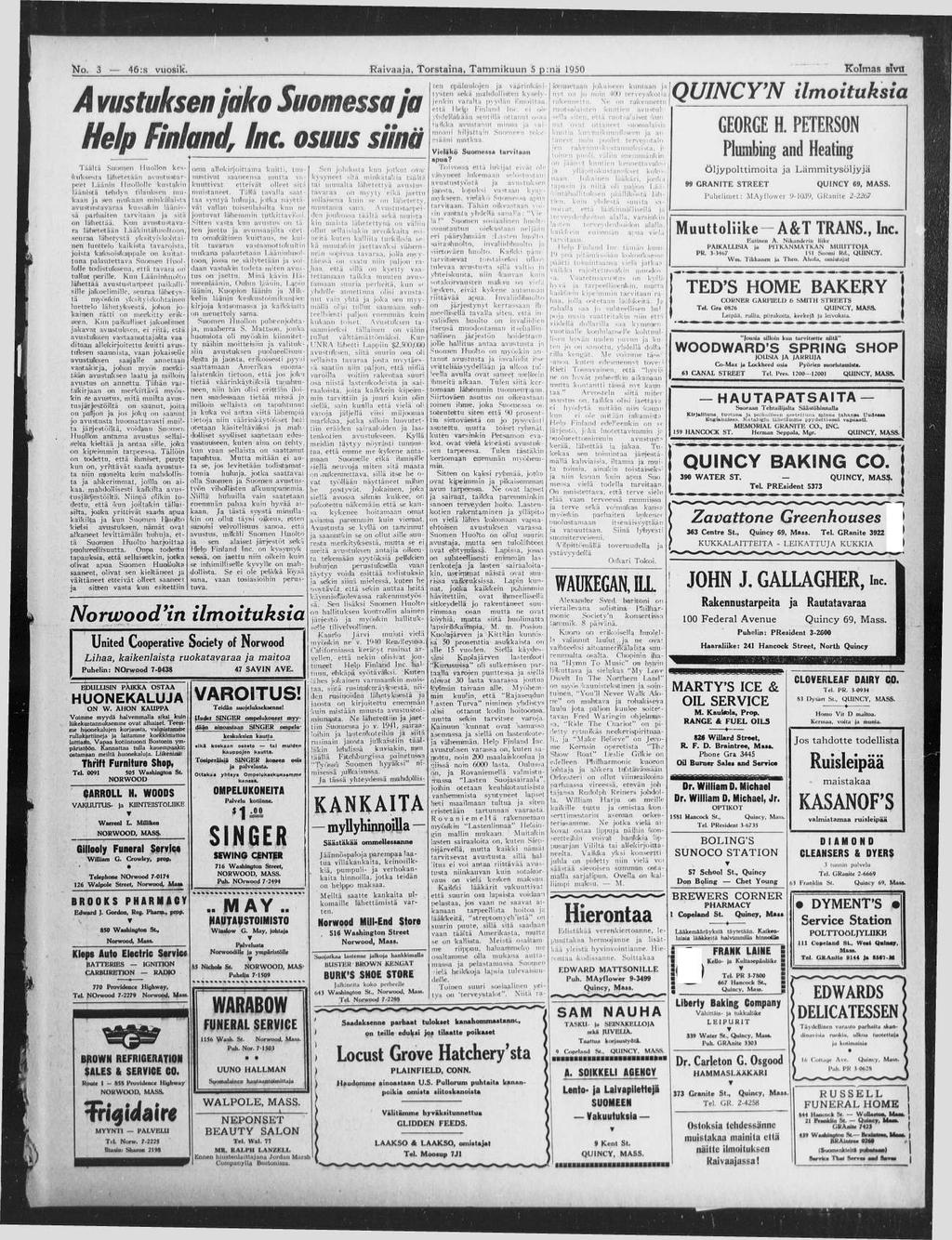 3 4 6 :s v u o sik. R a iv a a ja, T o r s ta in a, T a m m ik u u n 5 p :n ä 1950 K o lm a s siv u A vustuksen jako Suomessa ja Help Finland, Inc.