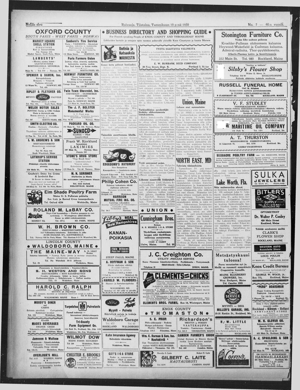 N eljäs sivu Raivaaja, Tiistaina, T an u n ik u u n lo p :nä 1950 No. 7 46:s vuosik.