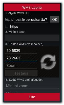 Ohjeet WMS kartta esimerkki: 1. - WMS luonti valinta. 2.