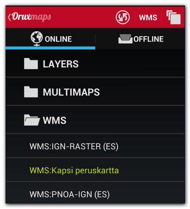 WMS luonti määrittelytiedostoon Käyttääksesi WMS:ää OruxMaps:ssä, kopioi tämä tiedosto oruxmaps/mapfiles hakemistoon: wms_services.xml Voit editoida tiedostoa ja lisätä uusia WMS palveluita.