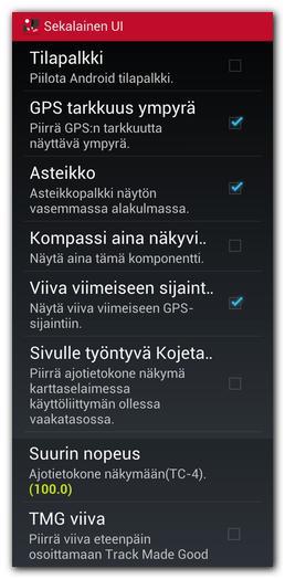 Sekalainen UI Tila palkki. Piilottaa Android tila palkin GPS tarkkuus ympyrä. Ympyrä, joka näyttää GPS tarkkuuden kartalla. Mittakaava. Näytetään vasemmassa alareunassa. Näytä kompassi.