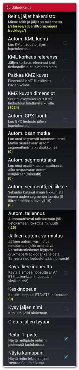 Jäljet/Reitit Reitit/Jäljet hakemisto. Hakemisto, minne lokitiedostot on taletettu. Jäljet on talletettu sqlite3 tietokantaan nimeltään oruxmapstracks.db.