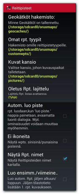 Reittipisteet (POI) Geokätköt hakemisto. Asettaa geokätköt hakemiston Omat reittipiste tyypit. Hakemisto, jonne kustomoidut reittipisteet on tallennettu. Kuvat kansio.