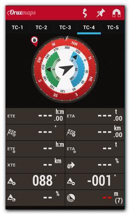TC-4 (rpt. navigointi): Sisältää kompassin sisällä nuolen, joka näyttää suunnan seuraavalle reittipisteelle (jos OruxMaps on Rpt.
