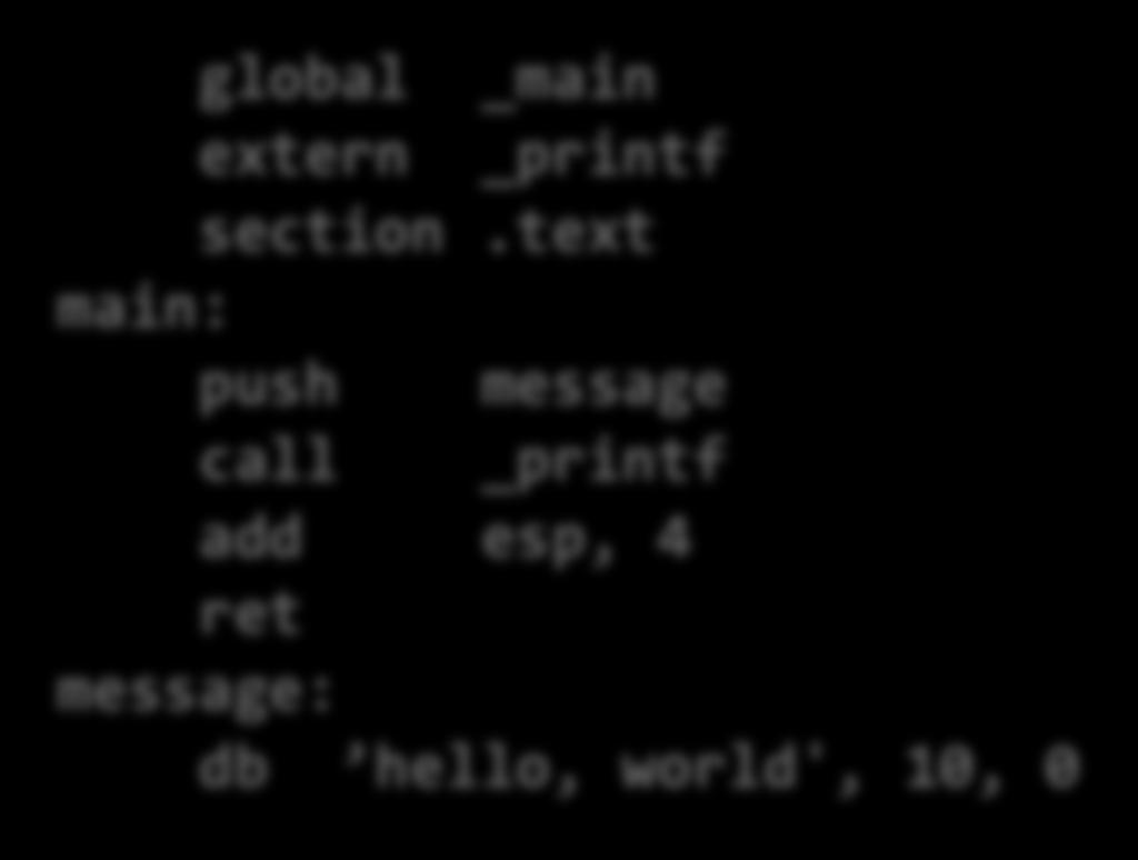 Mitä C-ohjelmalle tapahtuu? ASM global _main extern _printf section.