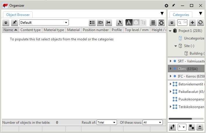 Sivu 20 / 52 KUVA 8 Model Organizer -työkalun näkymä (Karvonen 2018) (a) (b) Model Organizer voidaan jakaa kahteen osaan; Object Browser (ks. Kuva 8.a) sekä Categories (ks. Kuva 8.b). 3.3.1.1 Model Organizer; kategoriat Organizer-työkalulla voit kategorioida rakenneosia ja komponentteja haluamallasi tavalla.