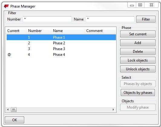 Sivu 25 / 52 Phase Manager-työkalun näkymä on yksinkertainen, joten tarvittaessa sen käyttö uudelle käyttäjälle tulee nopeasti tutuksi (ks. kuva 14).