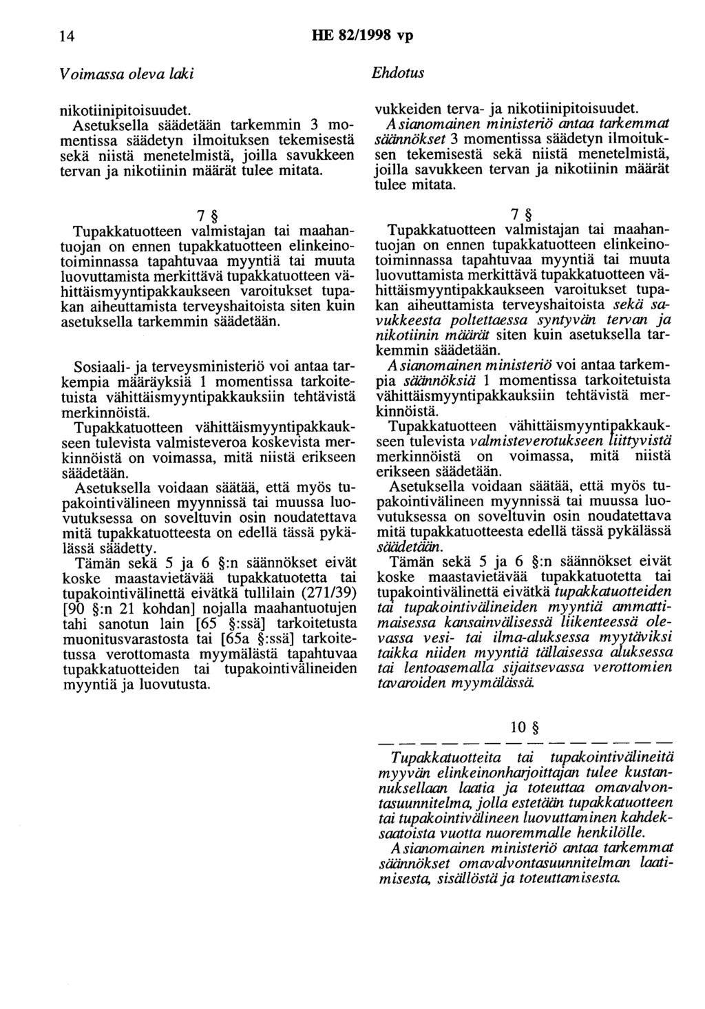 14 HE 82/1998 vp Voimassa oleva laki nikotiinipitoisuudet.