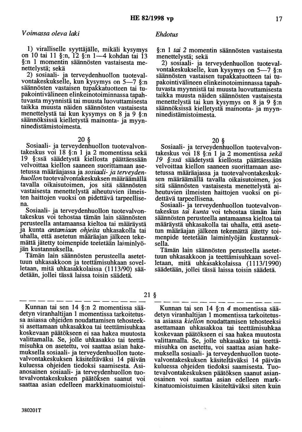 HE 82/1998 vp 17 Voimassa oleva laki 1) viralliselle syyttäjälle, mikäli kysymys on 10 tai 11 :n, 12 :n 1-4 kohdan tai 13 :n 1 momentin säännösten vastaisesta menettelystä; sekä 2) sosiaali- ja