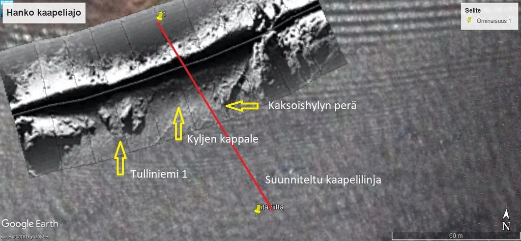Kuva 9. Havainnekuva kaapelilinjan sijainnista suhteessa muinaisjäännöksiin Tulliniemen rantautumisalueella. Karttapohja Google Earth.