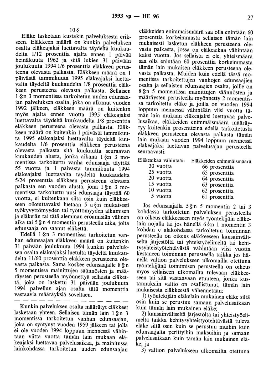 1993 vp - HE 96 27 10 Eläke lasketaan kustakin palveluksesta erikseen.