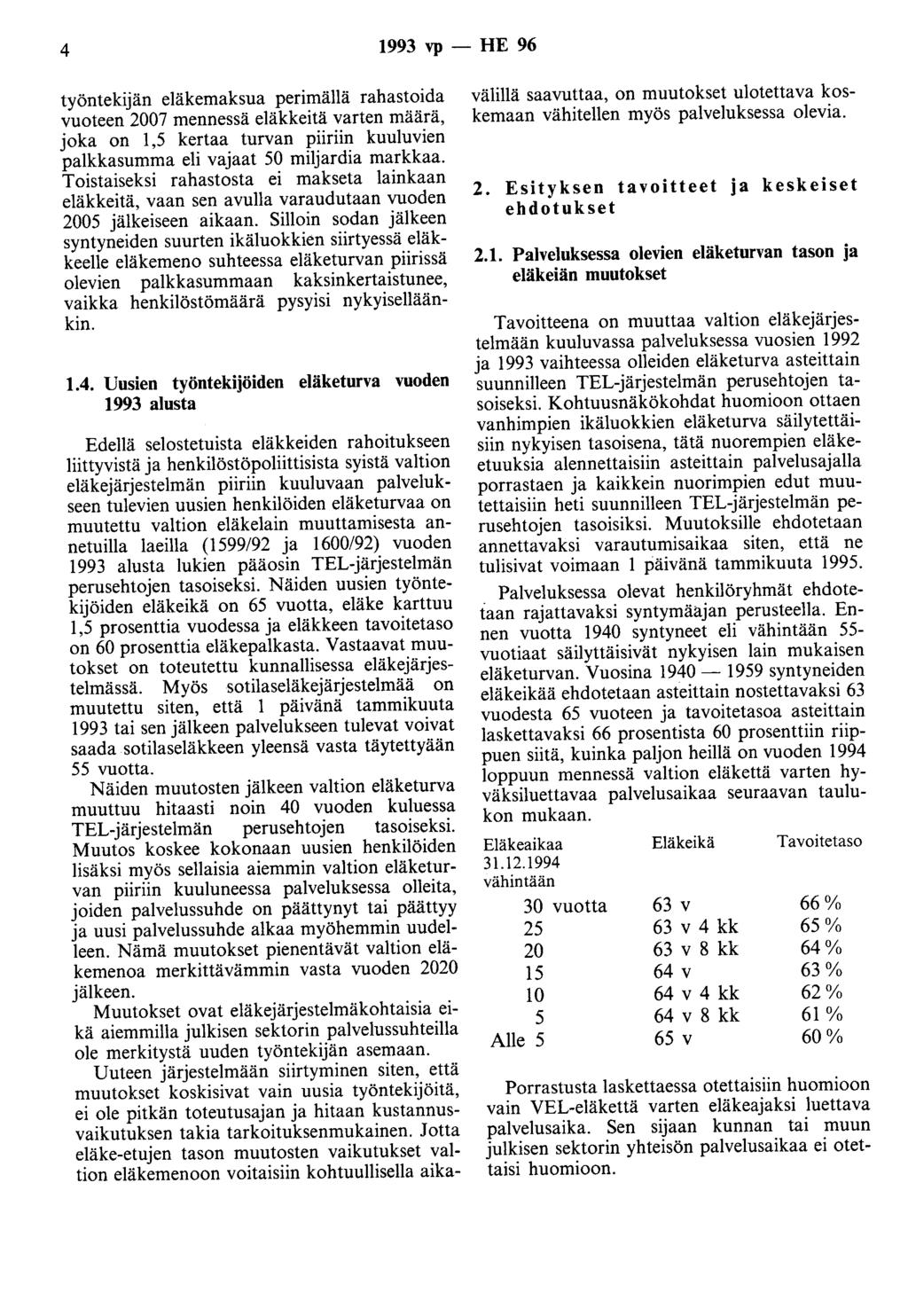 4 1993 vp - HE 96 työntekijän eläkemaksua perimällä rahastoida vuoteen 2007 mennessä eläkkeitä varten määrä, joka on 1,5 kertaa turvan piiriin kuuluvien palkkasumma eli vajaat 50 miljardia markkaa.
