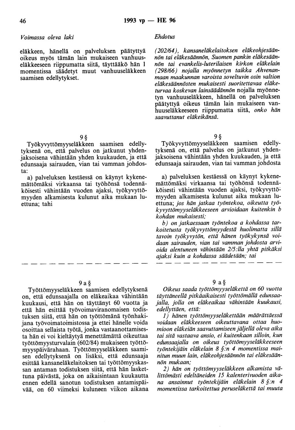 46 1993 vp - HE 96 Voimassa oleva laki eläkkeen, hänellä on palveluksen päätyttyä oikeus myös tämän lain mukaiseen vanhuuseläkkeeseen riippumatta siitä, täyttääkö hän 1 momentissa säädetyt muut