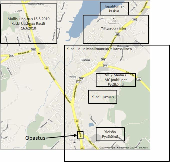 2 (7) 2 OPASTUS JA PYSÄKÖINTI Opastus kilpailukeskukseen Helsingin suunnasta Tieltä numero 45 Tuusulan keskustasta yksi kilometri etelään Tuusulan Urheilukeskuksen risteyksestä, josta