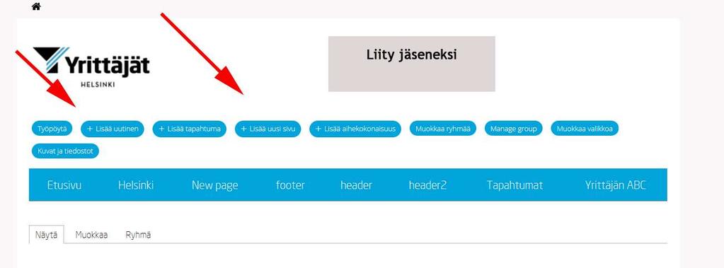 3. SISÄLLÖN TEKEMINEN JA HALLINTA Näet alueen/paikallisyhdistyksen sivun ylälaidassa keskeiset sisällön tekemiseen liittyvät toiminnot: Työpöytä: Tästä pääset käsiksi lisätoimintoihin ja muihin