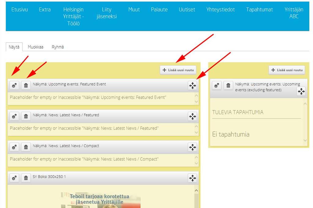 alempana = tällä voi lisätä sivulle uuden elementin. Katso tarkempi ohjeistus = tällä voi raahata sivulla olevia elementtejä eri paikkoihin.