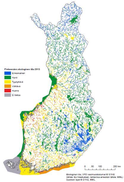 Pintavesien ekologinen tila Etelä-Savossa 2013 93 %