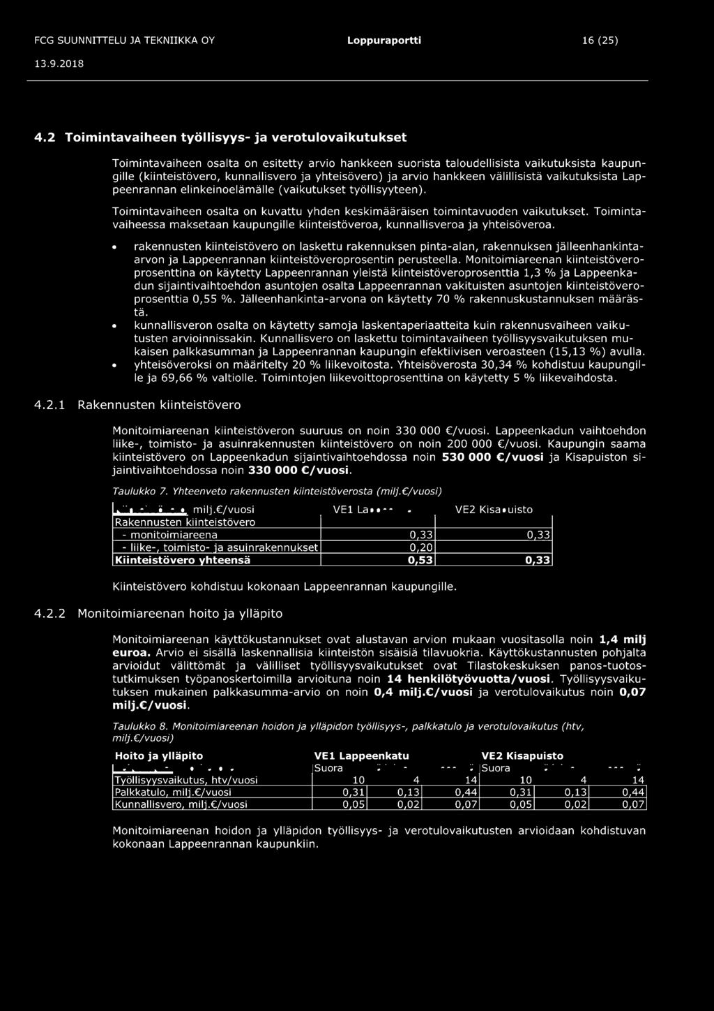 yhteisövero) ja arvio hankkeen välillisistä vaikutuksista Lappeenrannan elinkeinoelämälle (vaikutukset työllisyyteen).