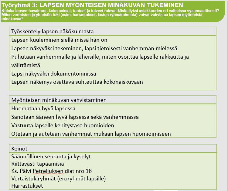 Perhetyö auttaa vanhempaa toimimaan lapsen kannalta turvallisesti. Kuva 4. Työpajakooste 13.12.