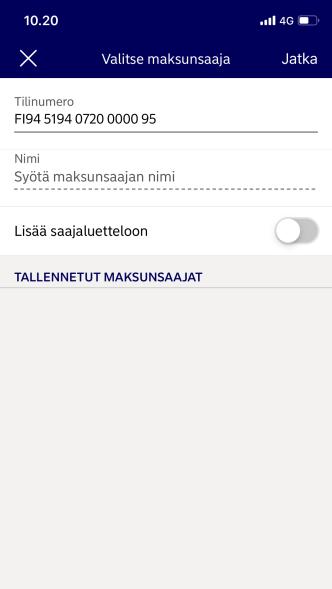 Laskun maksu mobiilipankilla Laskun maksu painikkeella Maksa Tällä sivulla syötät laskun tai maksun tiedot Valitset tilin jolta lasku maksetaan kohdasta Tililtä Tilinumero / Tilin nimi Syötät maksun