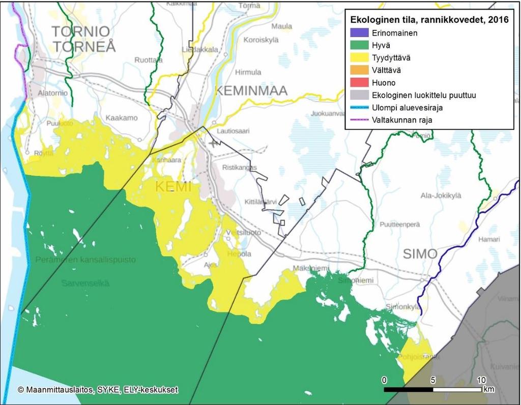 Kuva 8. Rannikkoalueen vesien ekologinen tila 2.7 Luonnonsuojelualueet ja kulttuuriperintökohteet Suojelualueet Lapin rannikkoalueella on kaikkiaan viisi Natura 2000 -aluetta (taulukko 2 ja kuva 9).