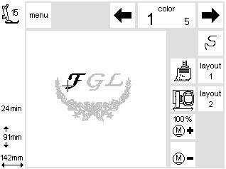 Muokkaaminen ruudulla 33 kuvioyhdistelmä näkyy ruudulla kun haluat ommella kuvion tallentamatta sitä, paina aloituspainiketta ja ompele kirjottaessa kirjaimia samalla värillä paina pensselin kuvaa,