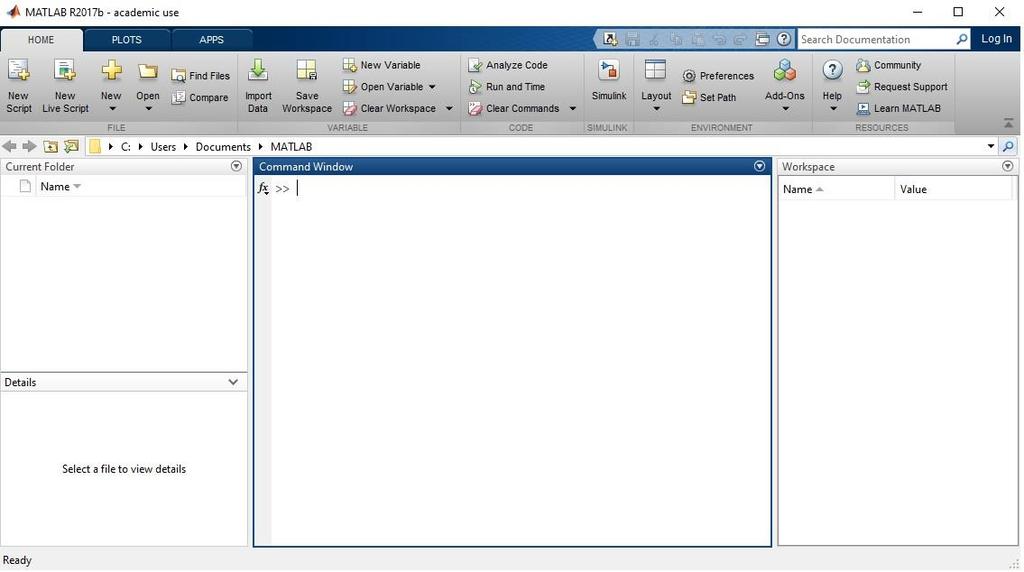 Matlab-työtila Matlab-työtila Käynnistettäessä Matlab avautuu oheinen näkymä. Ikkunassa keskellä on komentoikkuna (Command Window), oikealla työtila-ikkuna (Workspace) ja vasemmalla tietoa kansioista.